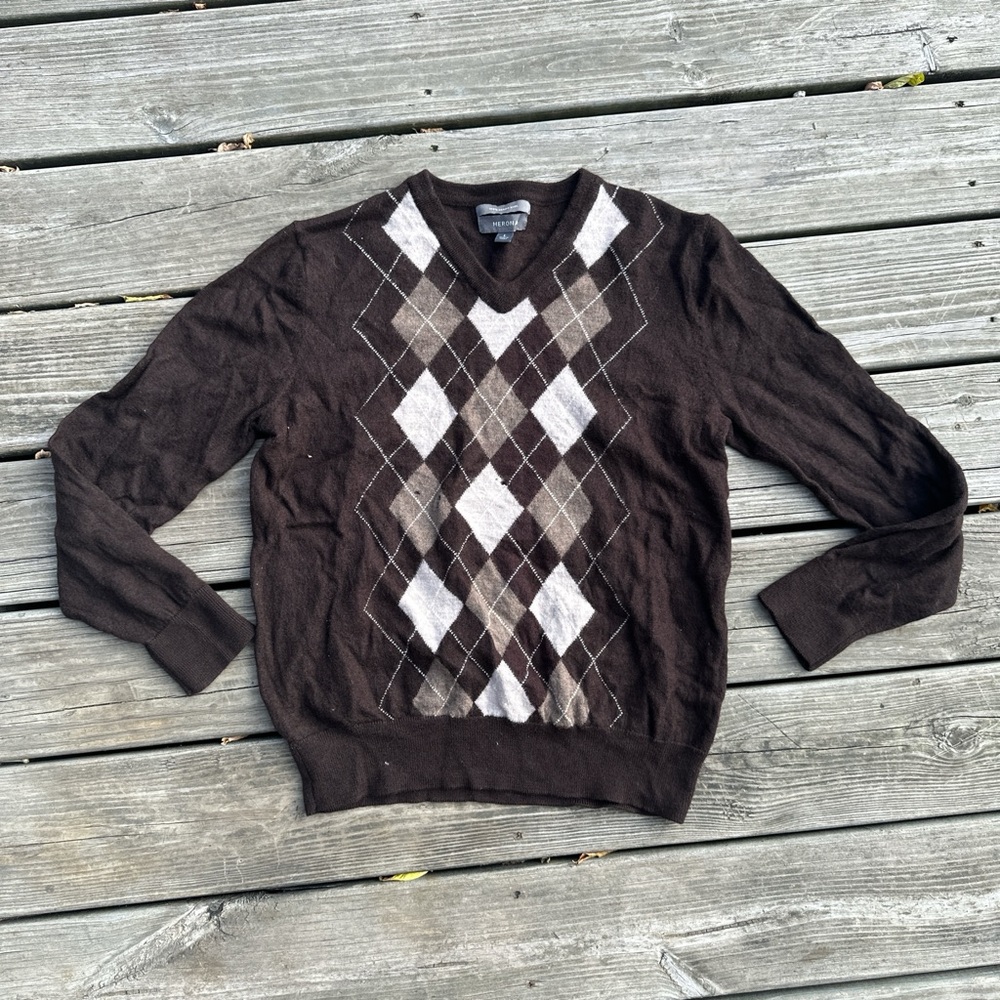 Merona Men's V-Neck‎ Brown Argyle Sweater